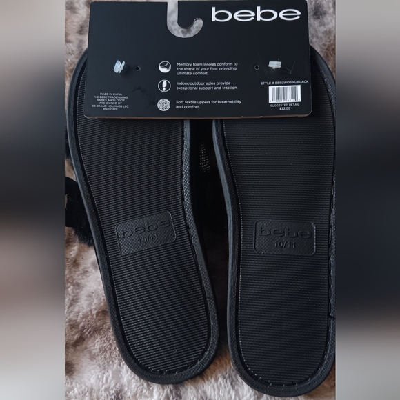 Bebe Black With Silver Rhinestone Logo Faux Fur Slippers Women's Size XL 10-11 - Picture 4 of 4